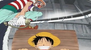 Buggy a punto de ejecutar a Luffy
