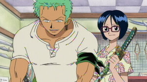Zoro y Tashigi en una tienda de espadas